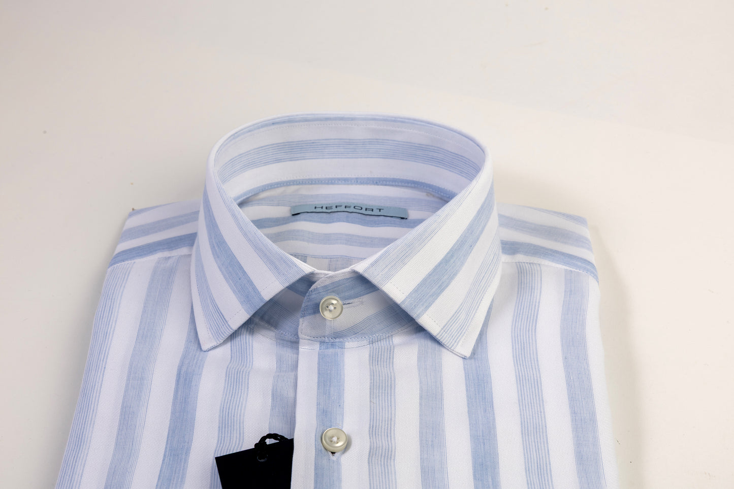 Camicia a Righe Verticali Azzurro Cielo e Turchese Collo Francese